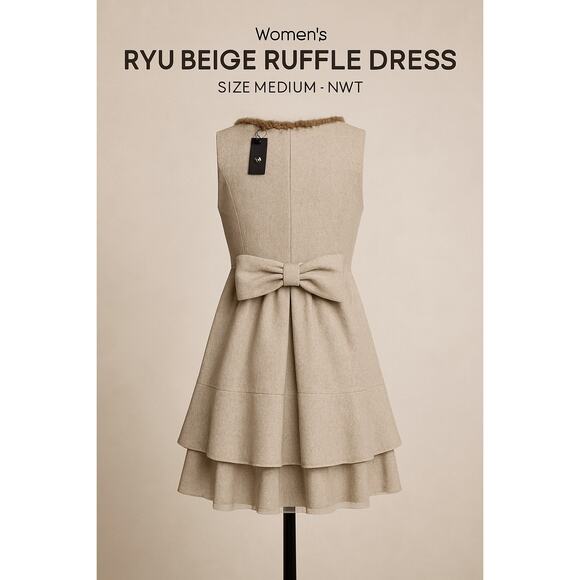 Ryu x Anthropologie Beige Wool Dress M Fur Trim, Rosette | NWT Cottagecore - Picture 2 of 8